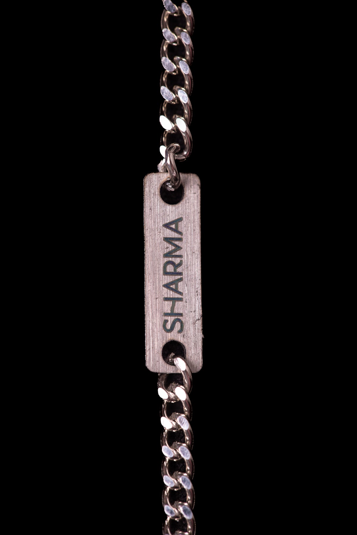 SHARMA Gaia face chain — silver, macro detail