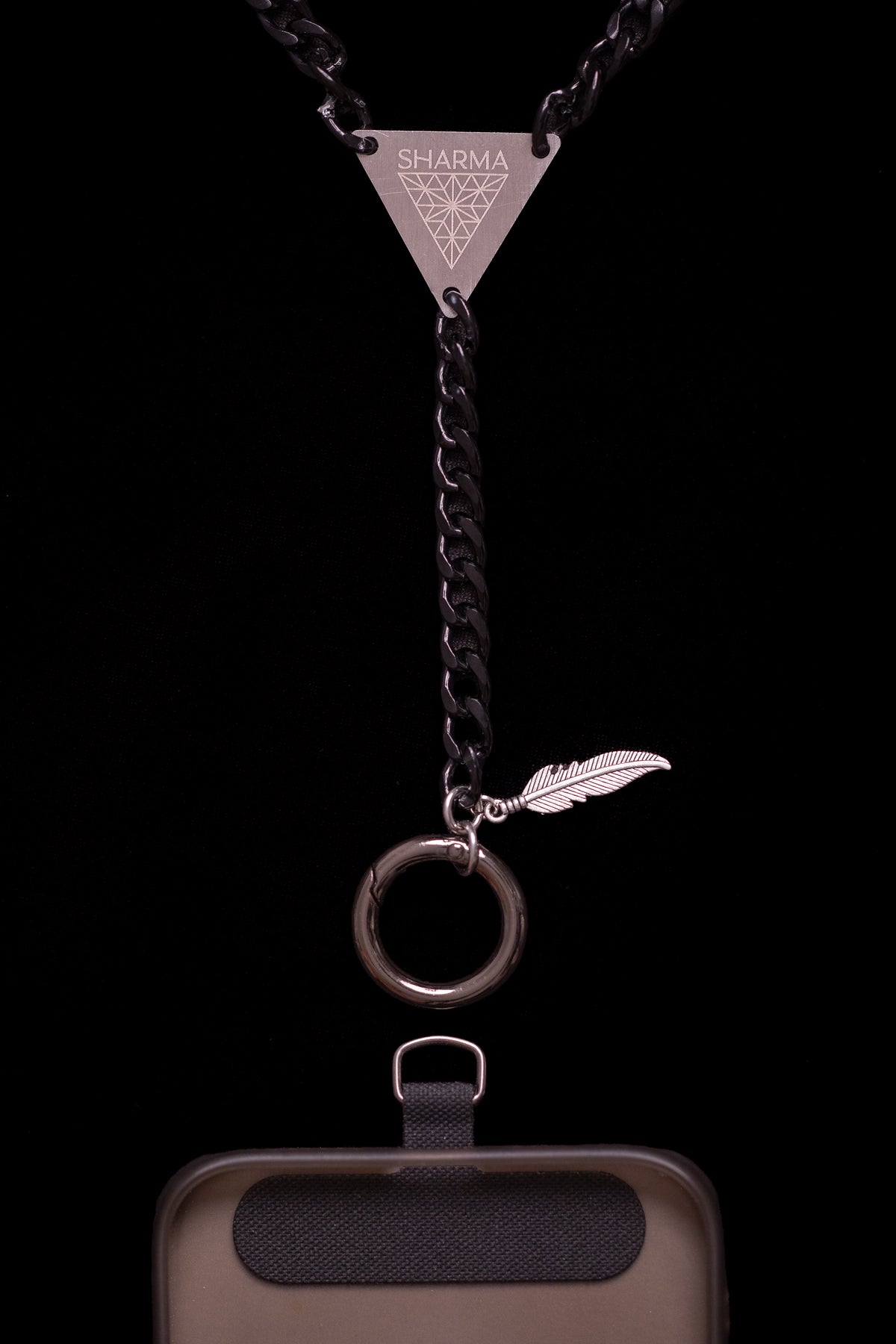 SHARMA Penelope phone chain — black, macro detail