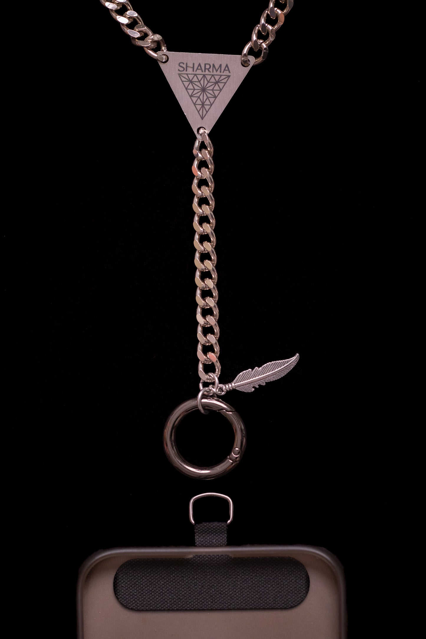 SHARMA Penelope phone chain — silver, macro detail